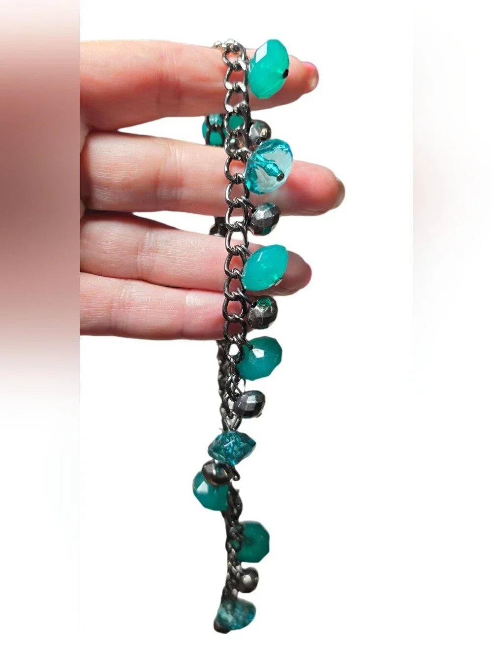 Emerald Green and Black Faceted Bead Gunmetal Chain Statement Necklace